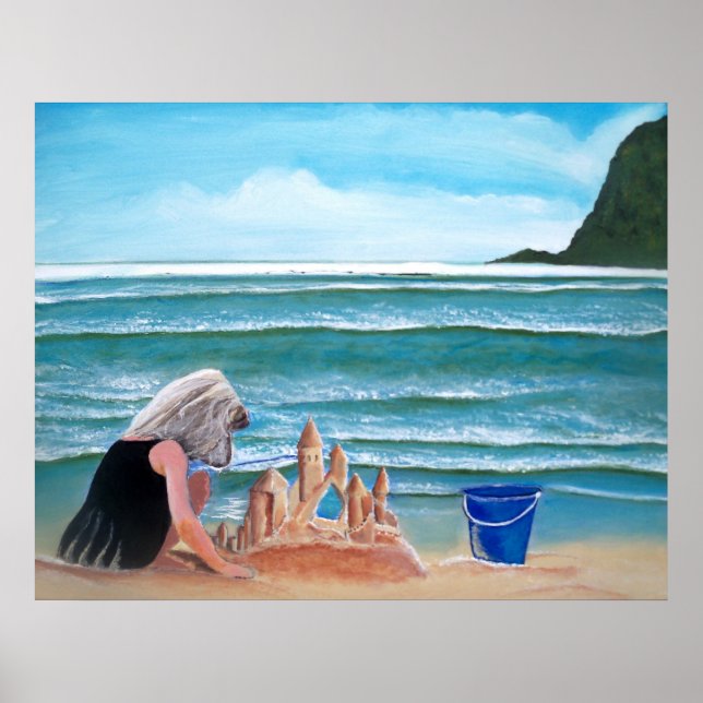 Girl building sand castle by the sea painting art poster (Front)
