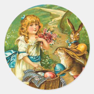 Girl & Bunnies Floral Vintage Easter Landscape Classic Round Sticker