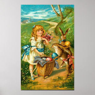 Girl & Bunnies Floral Vintage Easter Landscape Poster