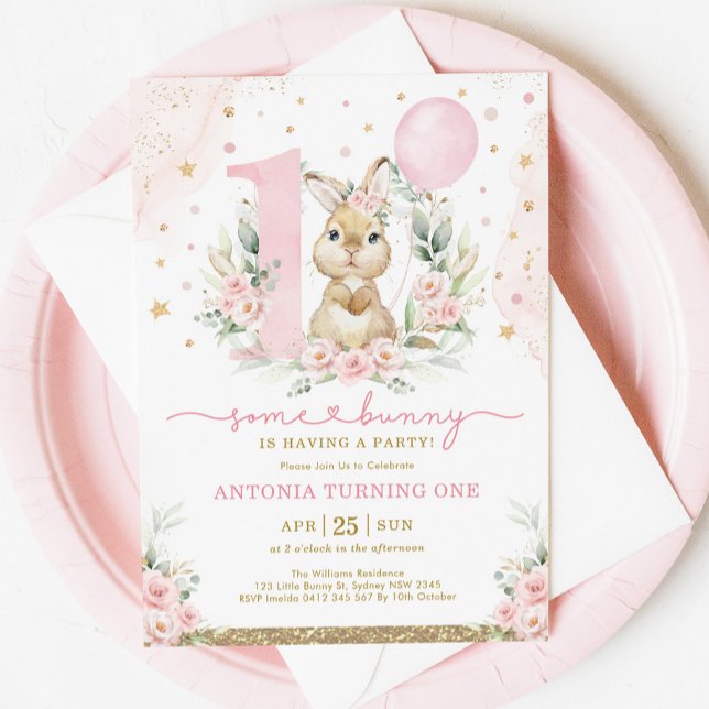 Girl Bunny 1st Birthday Pink Floral Balloon Party Invitation (Creator Uploaded)