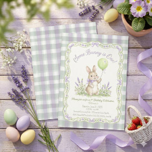 Girl Bunny 1st Birthday, with Lavender Gingham Invitation