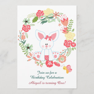 Girl Bunny and Wreath 1st Birthday Invitation