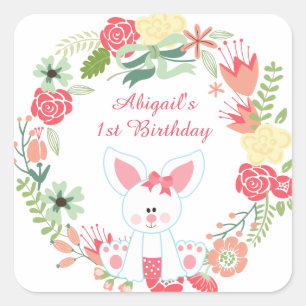 Girl Bunny and Wreath 1st Birthday Stickers