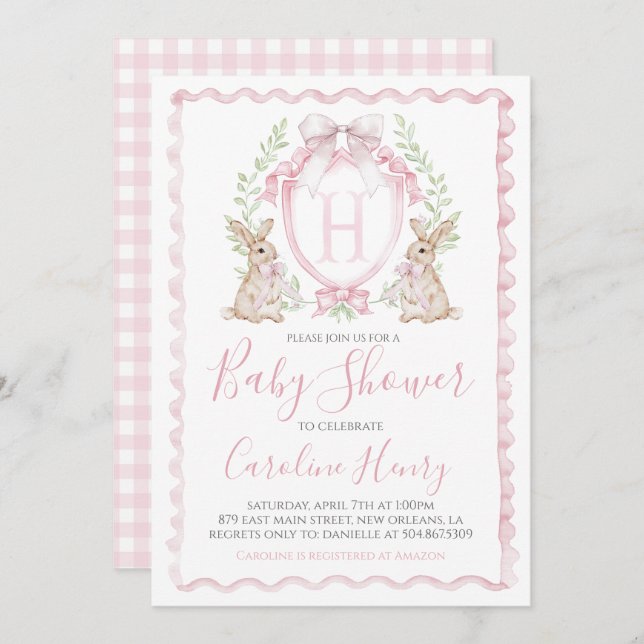 Girl Bunny Rabbit Baby Shower Preppy Gingham Pink Invitation (Front/Back)