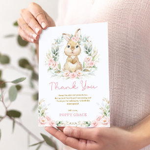 Girl Bunny Rabbit Floral Birthday Party Thank You Card