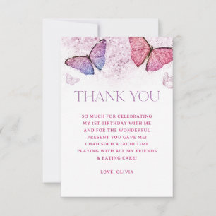 Girl Butterfly Theme 1st Birthday Party Thank You Card