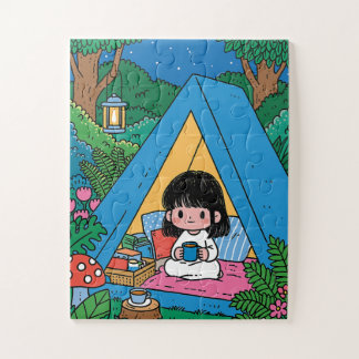 Girl Camping in Cosy Tent at Night Jigsaw Puzzle