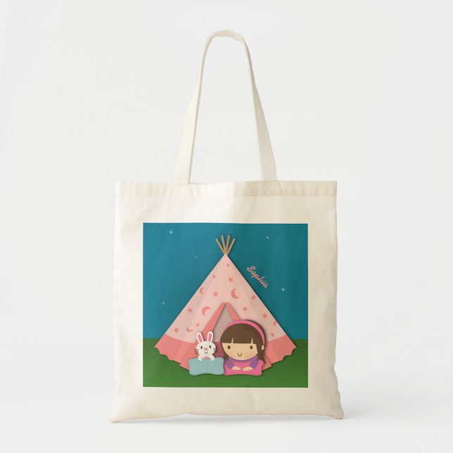 Girl Camping Teepee Tent Bunny Tote Bag (Front)