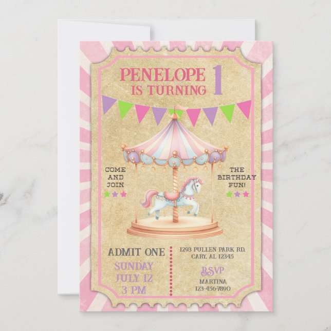 Girl carnival merry go round birthday invite. invitation (Front)