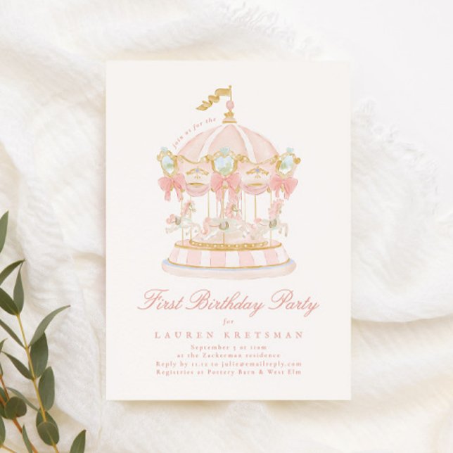 Girl Carousel Fairytale Bows Pink Birthday Party Invitation (Creator Uploaded)