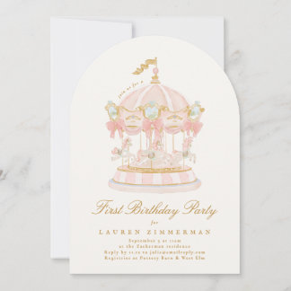 Girl Carousel Fairytale Cream Arch Birthday Party Invitation