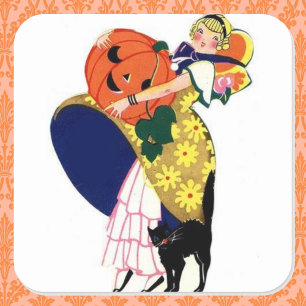 Girl Carrying Pumpkin with Black Cat Square Sticker