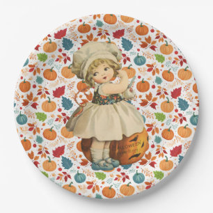 Girl Carving Apple and Colourful Pumpkins Hallowee Paper Plate