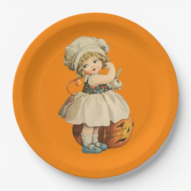 Girl Carving Apple Halloween Paper Plate (Front)