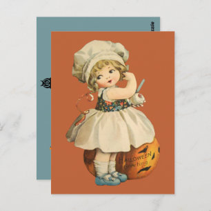 Girl Carving Apple Halloween Postcard