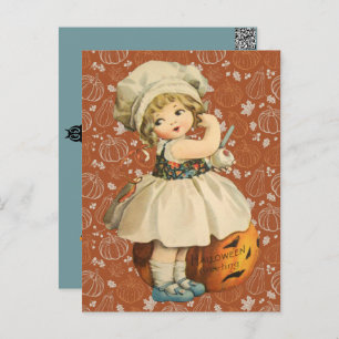 Girl Carving Apple Halloween Postcard