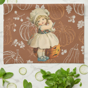 Girl Carving Apple Halloween Tea Towel