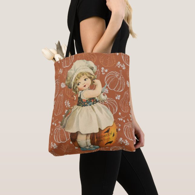 Girl Carving Apple Halloween Tote Bag (Close Up)
