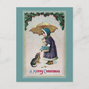 Girl, Cat & Dog Under Umbrella in Snow Vintage Postcard