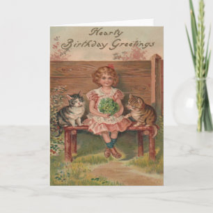 Girl Cat Kitten Flowers Birthday Card