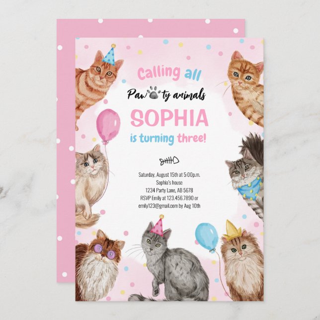 Girl Cat Pawty Animals Birthday Invitation (Front/Back)