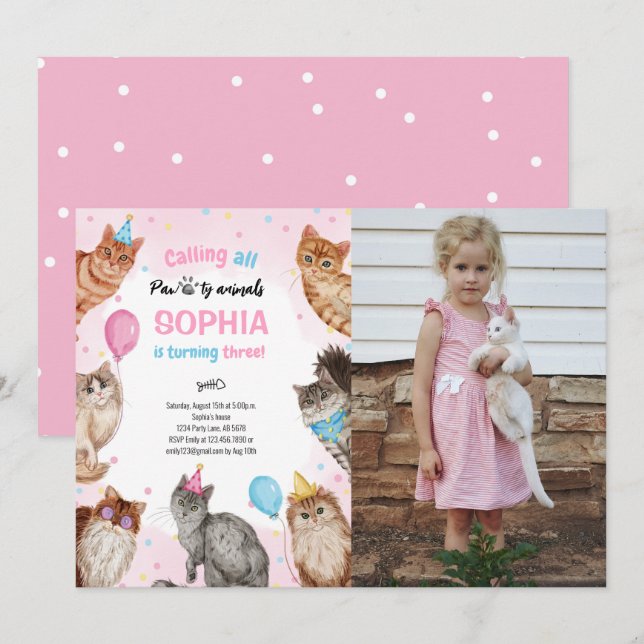  Girl Cat Pawty Animals Birthday Photo Invitation (Front/Back)