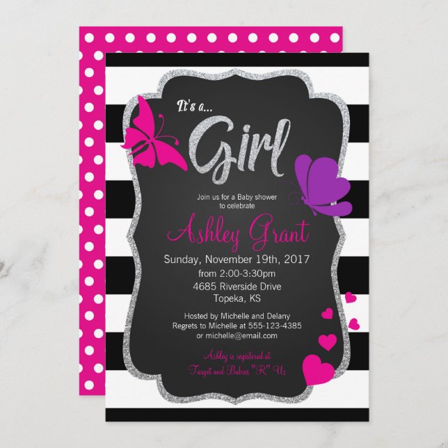 Girl Chalkboard Butterfly Baby Shower Invitation (Front/Back)