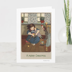 Girl Checking her Shoes Full of Goodies Holiday Card