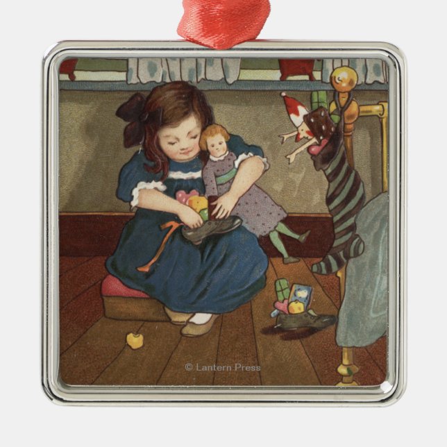 Girl Checking her Shoes Full of Goodies Metal Tree Decoration (Front)