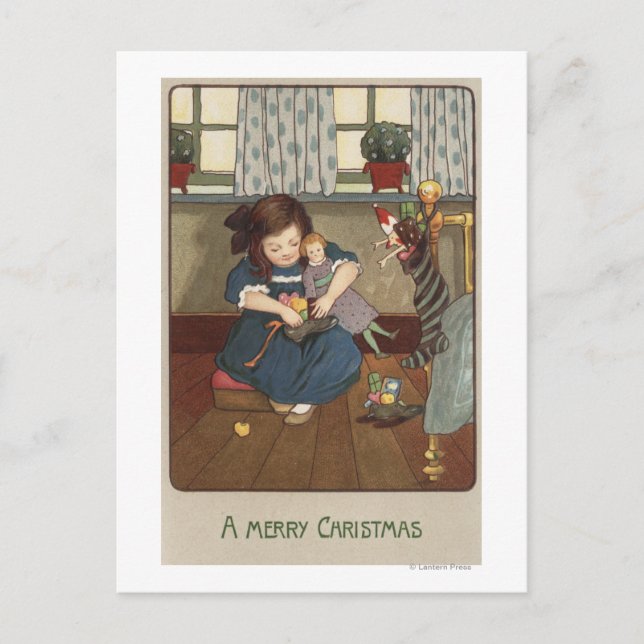 Girl Checking her Shoes Full of Goodies Postcard (Front)