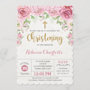 Girl Christening Invitation Pink Gold Flower Roses
