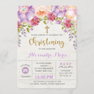 Girl Christening Invitation Purple Flower Baptism