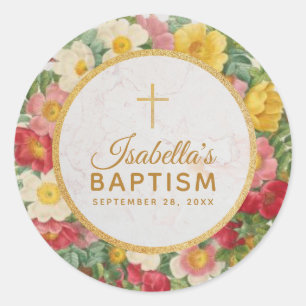Girl Christening Rose Wreath Floral Gold Cross Classic Round Sticker