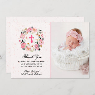 Girl Christening Watercolor Pink Floral Thank You Card