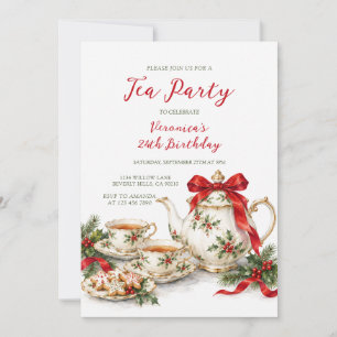 Girl Christmas Tea Party Red Bow Birthday Floral Invitation