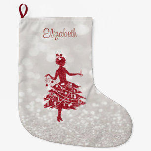 Girl Christmas Tree, Glittery Bokeh Large Christmas Stocking