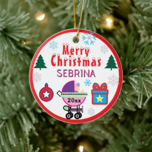 Girl Christmas Trees Pink Bow Name Ceramic Ornament