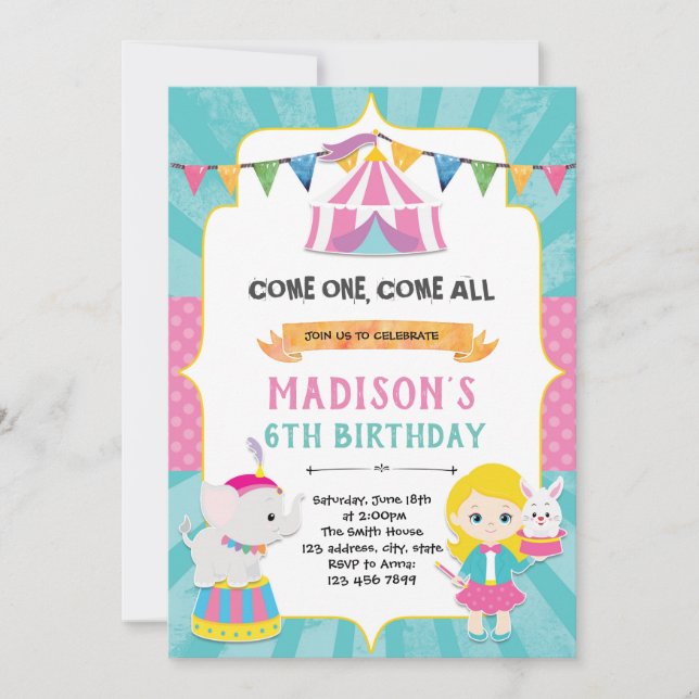 Girl circus birthday party invitation (Front)
