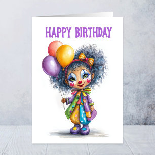 Girl Circus Clown Holding Balloons Birthday Card