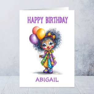 Girl Circus Clown Holding Balloons Birthday Card