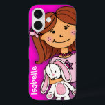 Girl clutching a white rabbit pink name case<br><div class="desc">Girly cuddles pink case cute modern graphic girls case. Girl clutching her lucky white bunny. This case reads Isabelle or personalise with your child's name. Original design by Sarah Trett for www.mylittleeden.com</div>