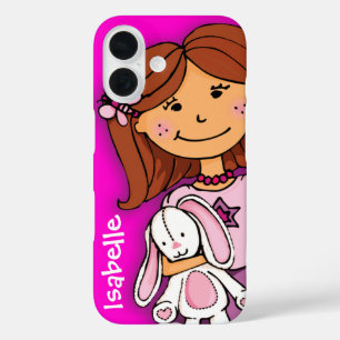 Girl clutching a white rabbit pink name case