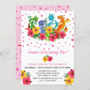 Girl Colourful  Dinosaur Tropical First Birthday Invitation