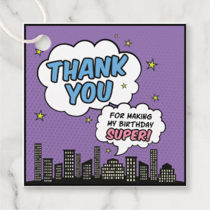 Girl Comic Book Style Superhero Birthday Thank You Favour Tags