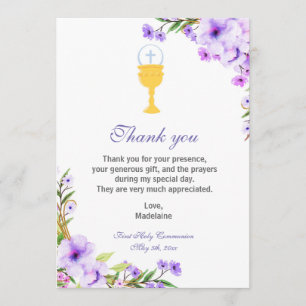 Girl Communion Thank You Card Floral Lavender