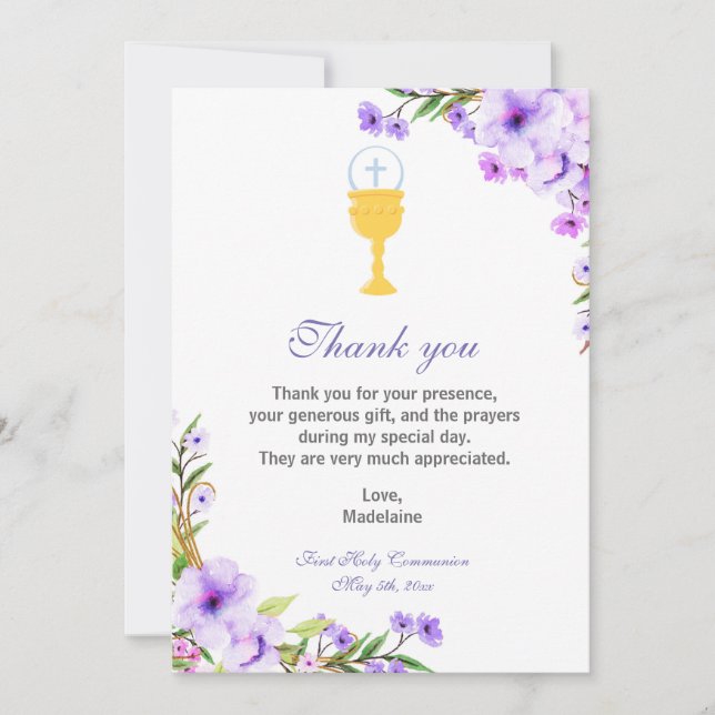 Girl Communion Thank You Card Floral Lavender (Front)
