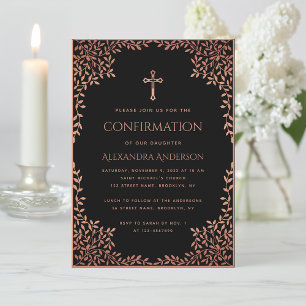 Girl Confirmation Black Pink Leaves Rose Gold Invitation