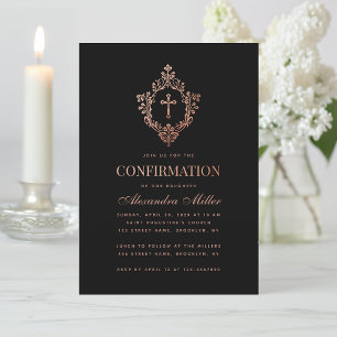 Girl Confirmation Black Rose Gold Crest Vintage Invitation