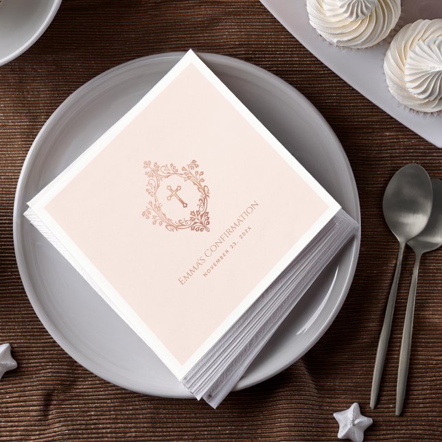 Girl Confirmation Blush Pink Rose Gold Cross Crest Napkin (Creator Uploaded)