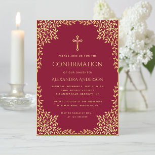 Girl Confirmation Burgundy Faux Gold Leaves Ornate Invitation